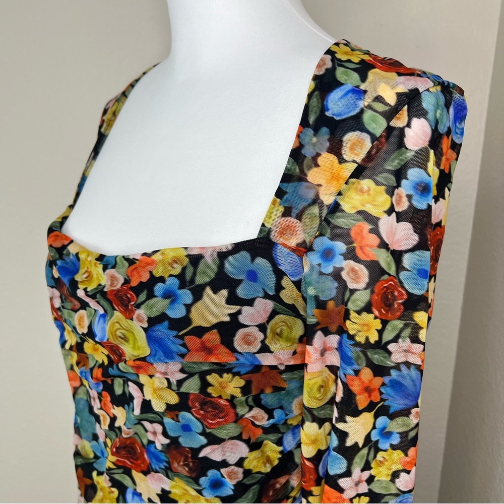 GANNI Colorful Floral SquareNeck Long Sleeve Ruched Stretch Mesh Midi Dress Sz L - Picture 7 of 15